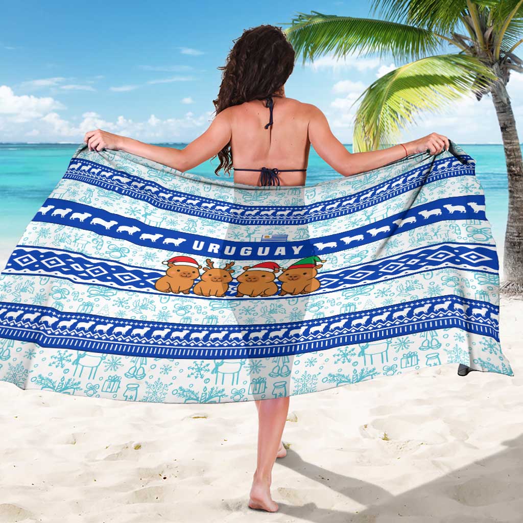 Uruguay Christmas Sarong with Capybaras Holiday Tree Sun Emblem and Blue Festive Pattern - Wonder Print Shop