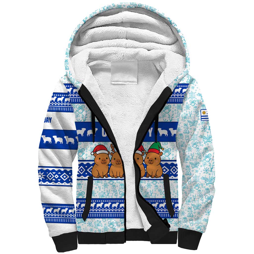 Uruguay Christmas Sherpa Hoodie with Capybaras Holiday Tree Sun Emblem and Blue Festive Pattern - Wonder Print Shop