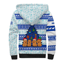 Uruguay Christmas Sherpa Hoodie with Capybaras Holiday Tree Sun Emblem and Blue Festive Pattern - Wonder Print Shop