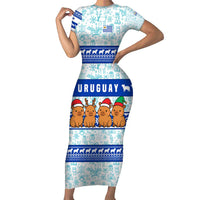 Uruguay Christmas Short Sleeve Bodycon Dress with Capybaras Holiday Tree Sun Emblem and Blue Festive Pattern - Wonder Print Shop