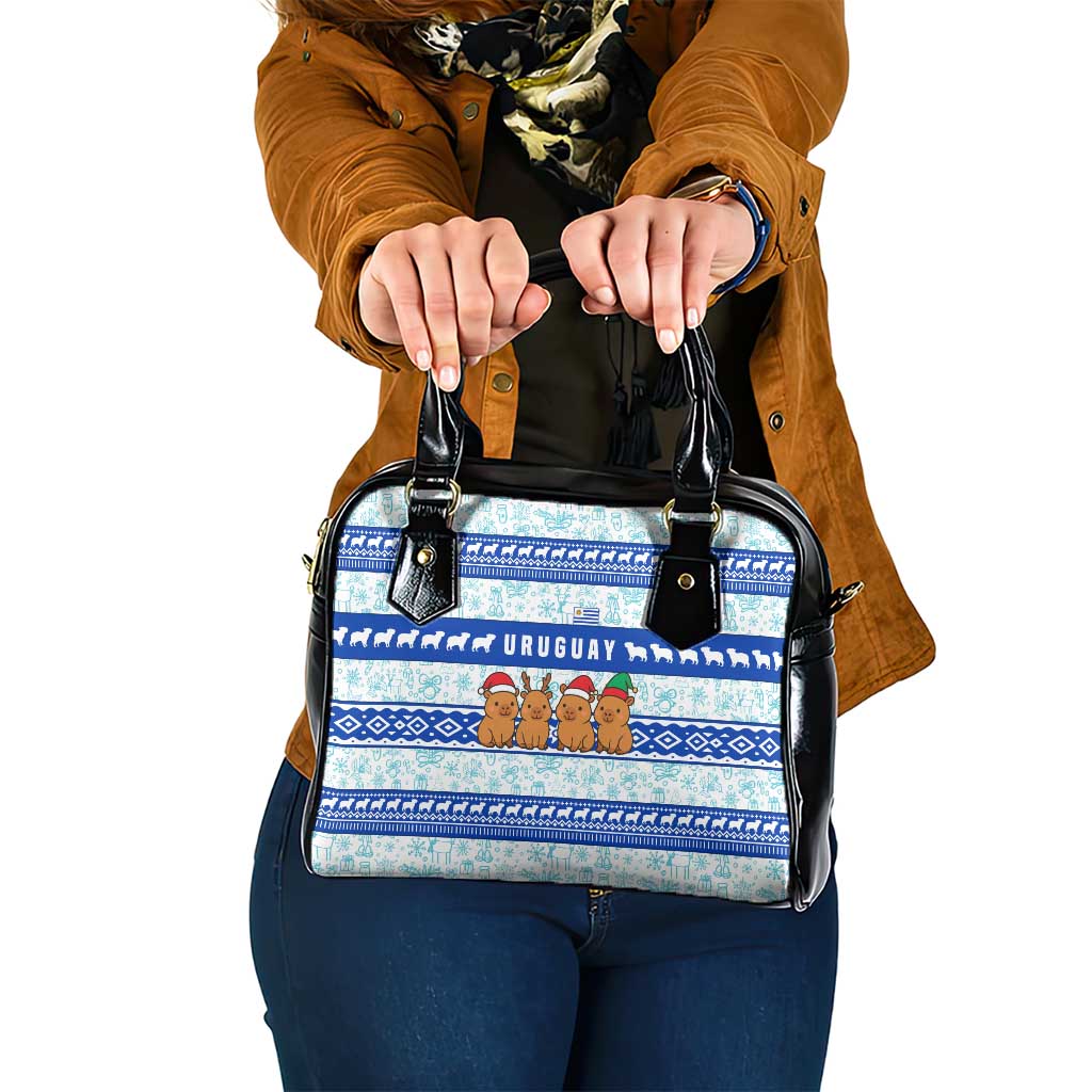 Uruguay Christmas Shoulder Handbag with Capybaras Holiday Tree Sun Emblem and Blue Festive Pattern - Wonder Print Shop