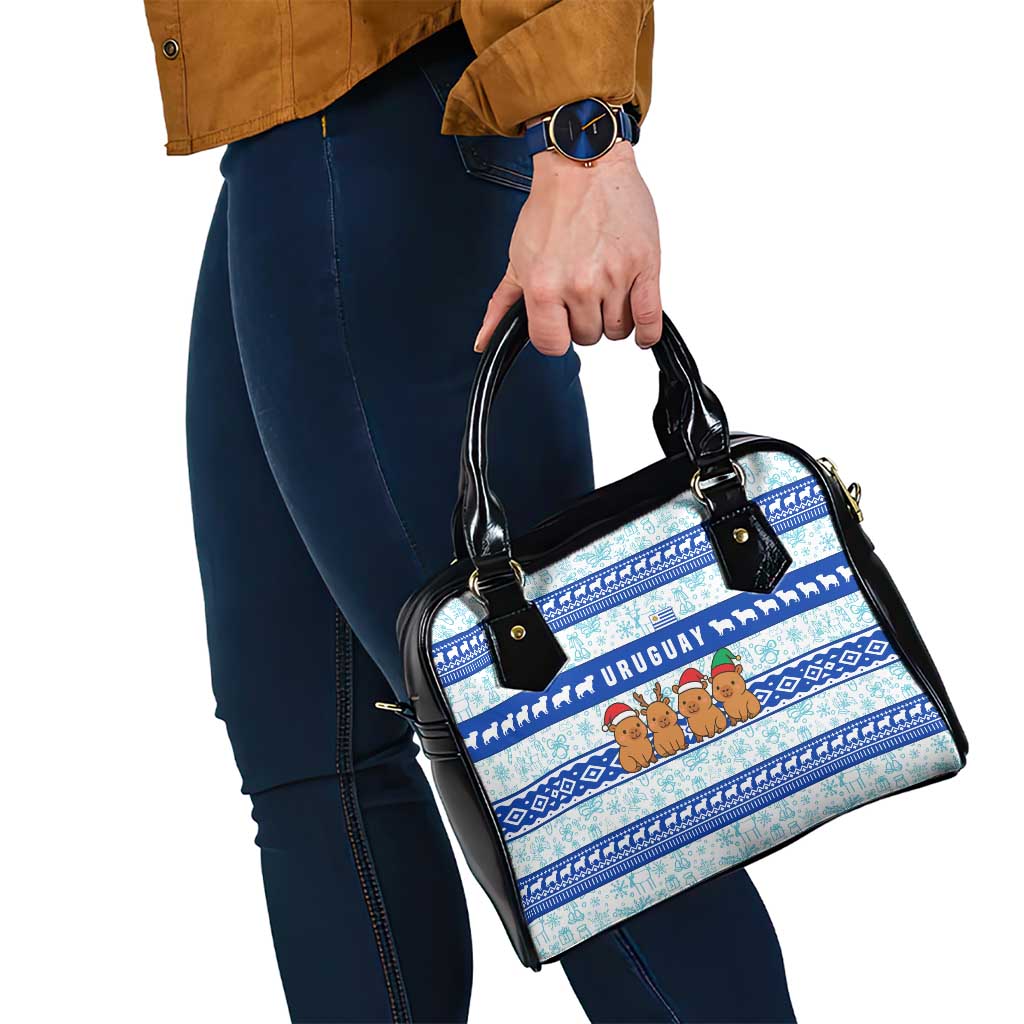 Uruguay Christmas Shoulder Handbag with Capybaras Holiday Tree Sun Emblem and Blue Festive Pattern - Wonder Print Shop