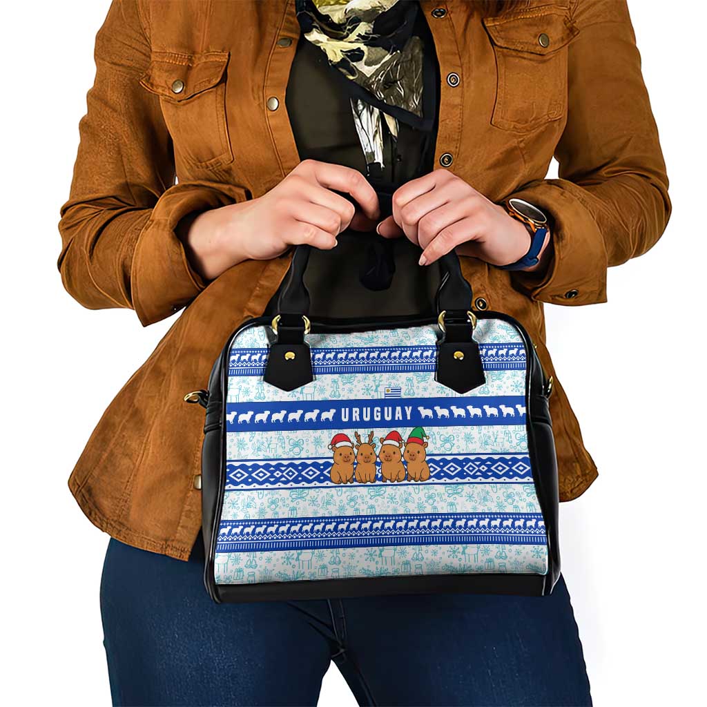 Uruguay Christmas Shoulder Handbag with Capybaras Holiday Tree Sun Emblem and Blue Festive Pattern - Wonder Print Shop