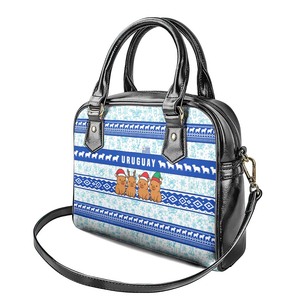 Uruguay Christmas Shoulder Handbag with Capybaras Holiday Tree Sun Emblem and Blue Festive Pattern - Wonder Print Shop