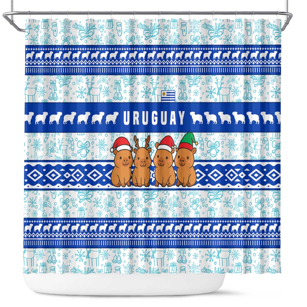 Uruguay Christmas Shower Curtain with Capybaras Holiday Tree Sun Emblem and Blue Festive Pattern - Wonder Print Shop