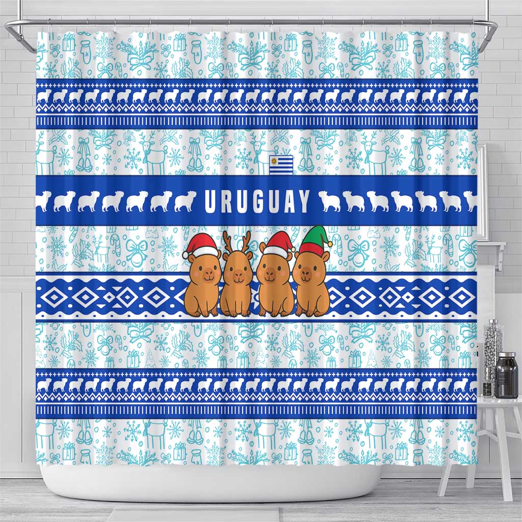 Uruguay Christmas Shower Curtain with Capybaras Holiday Tree Sun Emblem and Blue Festive Pattern - Wonder Print Shop