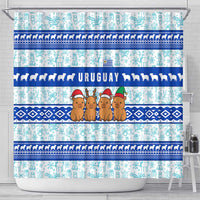 Uruguay Christmas Shower Curtain with Capybaras Holiday Tree Sun Emblem and Blue Festive Pattern - Wonder Print Shop