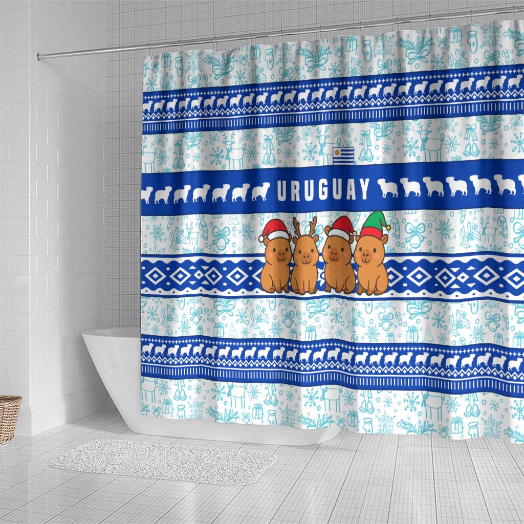 Uruguay Christmas Shower Curtain with Capybaras Holiday Tree Sun Emblem and Blue Festive Pattern - Wonder Print Shop