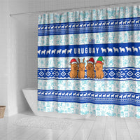 Uruguay Christmas Shower Curtain with Capybaras Holiday Tree Sun Emblem and Blue Festive Pattern - Wonder Print Shop
