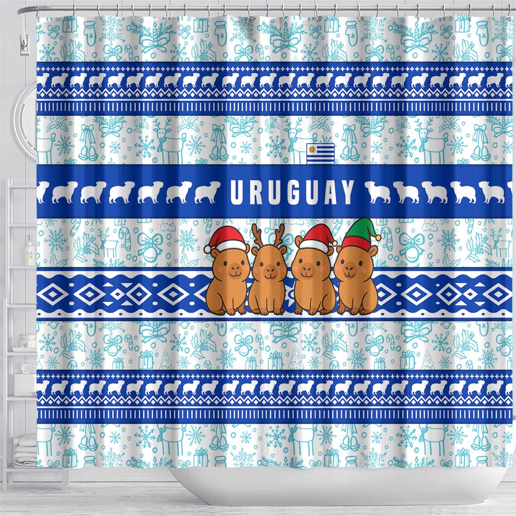 Uruguay Christmas Shower Curtain with Capybaras Holiday Tree Sun Emblem and Blue Festive Pattern - Wonder Print Shop