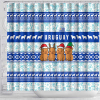 Uruguay Christmas Shower Curtain with Capybaras Holiday Tree Sun Emblem and Blue Festive Pattern - Wonder Print Shop