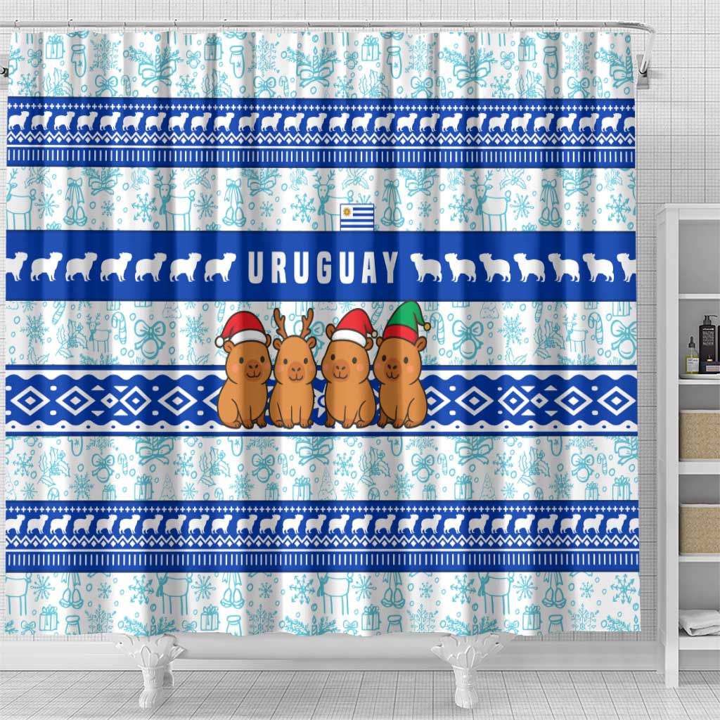 Uruguay Christmas Shower Curtain with Capybaras Holiday Tree Sun Emblem and Blue Festive Pattern - Wonder Print Shop