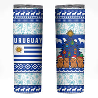 Uruguay Christmas Skinny Tumbler with Capybaras Holiday Tree Sun Emblem and Blue Festive Pattern - Wonder Print Shop