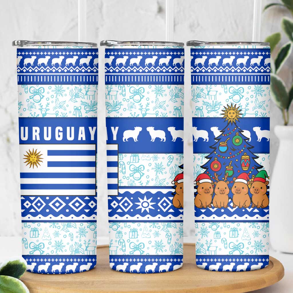 Uruguay Christmas Skinny Tumbler with Capybaras Holiday Tree Sun Emblem and Blue Festive Pattern - Wonder Print Shop