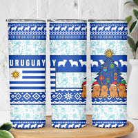 Uruguay Christmas Skinny Tumbler with Capybaras Holiday Tree Sun Emblem and Blue Festive Pattern - Wonder Print Shop