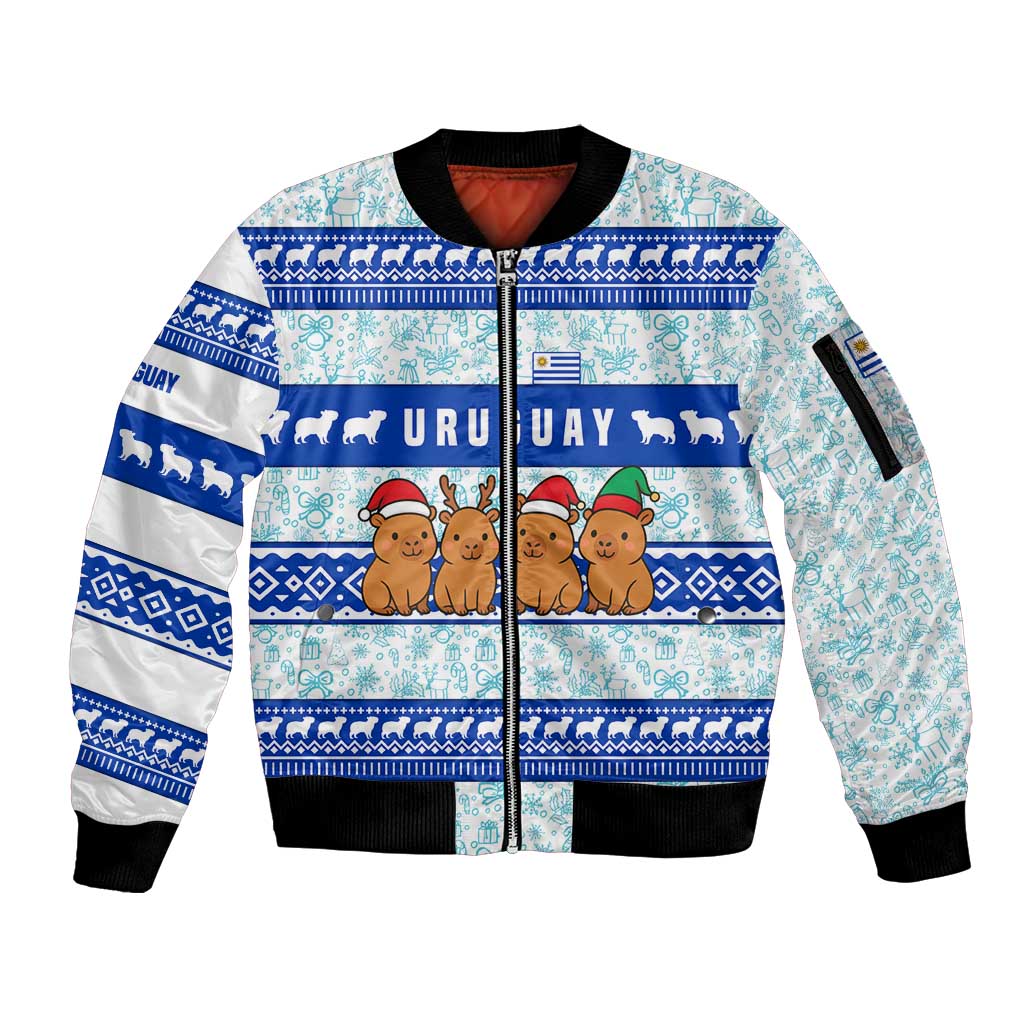 Uruguay Christmas Sleeve Zip Bomber Jacket with Capybaras Holiday Tree Sun Emblem and Blue Festive Pattern - Wonder Print Shop