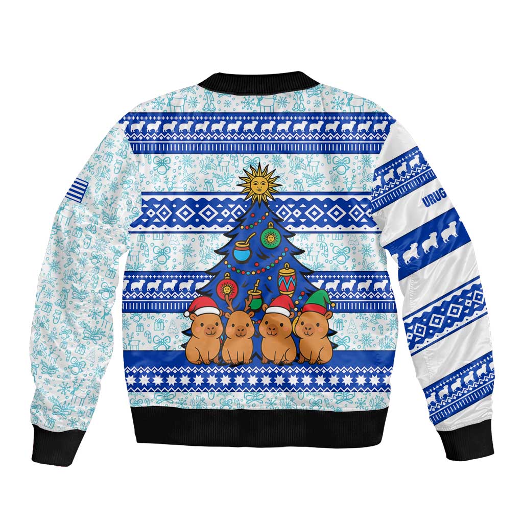 Uruguay Christmas Sleeve Zip Bomber Jacket with Capybaras Holiday Tree Sun Emblem and Blue Festive Pattern - Wonder Print Shop