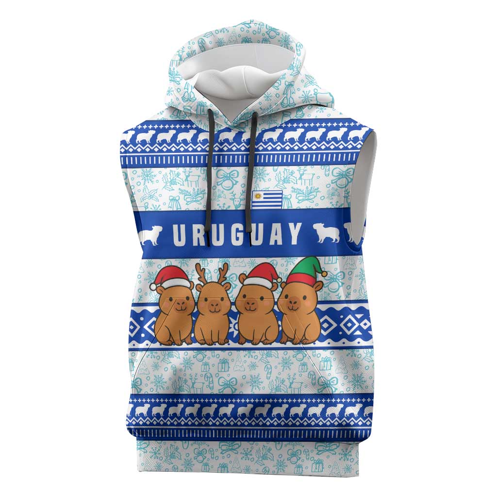 Uruguay Christmas Sleeveless Hoodie with Capybaras Holiday Tree Sun Emblem and Blue Festive Pattern - Wonder Print Shop