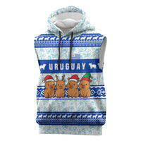 Uruguay Christmas Sleeveless Hoodie with Capybaras Holiday Tree Sun Emblem and Blue Festive Pattern - Wonder Print Shop