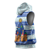 Uruguay Christmas Sleeveless Hoodie with Capybaras Holiday Tree Sun Emblem and Blue Festive Pattern - Wonder Print Shop