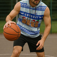 Uruguay Christmas Sleeveless Hoodie with Capybaras Holiday Tree Sun Emblem and Blue Festive Pattern - Wonder Print Shop