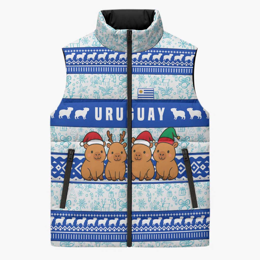 Uruguay Christmas Sleeveless Puffer Jacket with Capybaras Holiday Tree Sun Emblem and Blue Festive Pattern - Wonder Print Shop