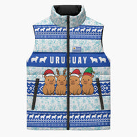 Uruguay Christmas Sleeveless Puffer Jacket with Capybaras Holiday Tree Sun Emblem and Blue Festive Pattern - Wonder Print Shop