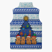 Uruguay Christmas Sleeveless Puffer Jacket with Capybaras Holiday Tree Sun Emblem and Blue Festive Pattern - Wonder Print Shop