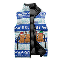 Uruguay Christmas Sleeveless Puffer Jacket with Capybaras Holiday Tree Sun Emblem and Blue Festive Pattern - Wonder Print Shop