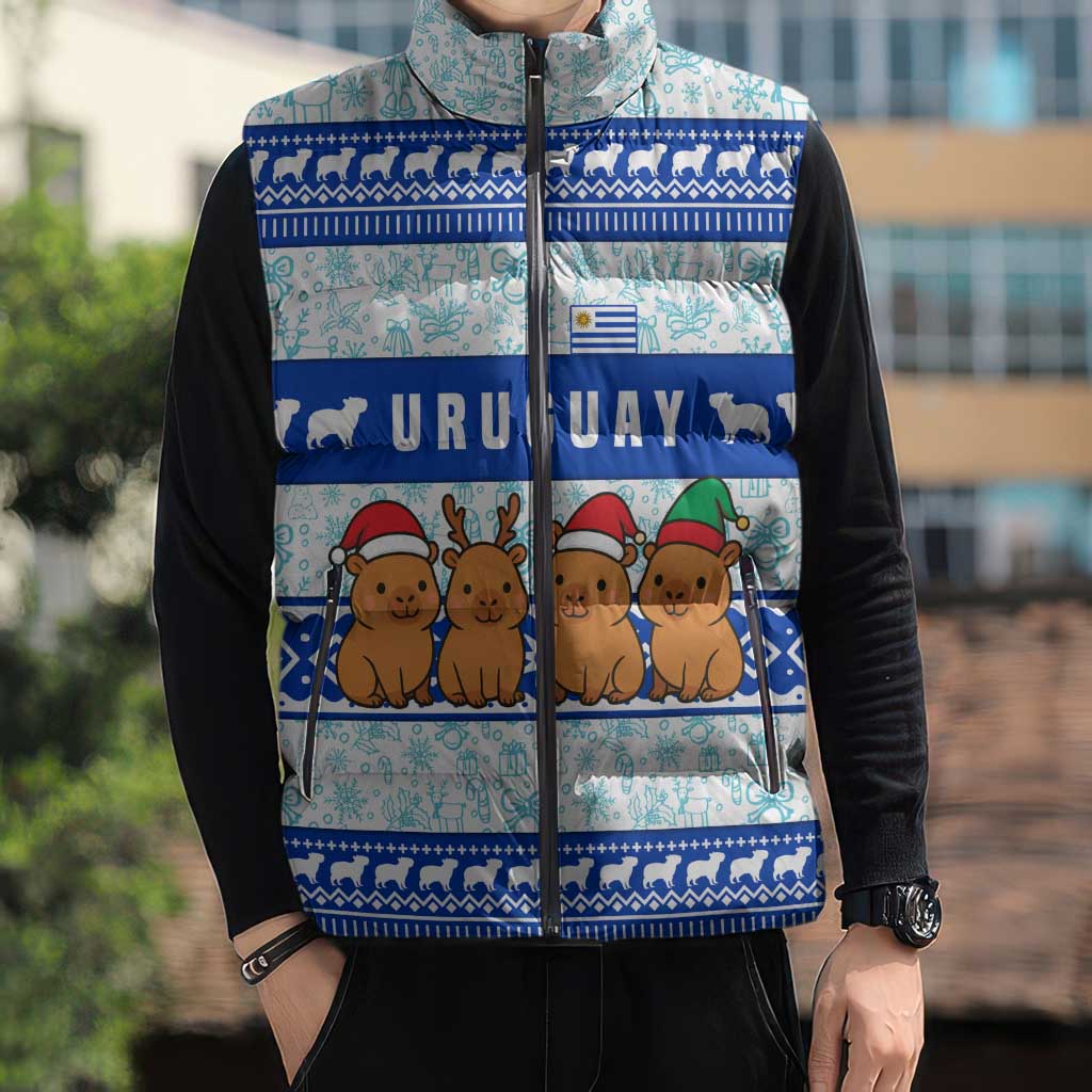 Uruguay Christmas Sleeveless Puffer Jacket with Capybaras Holiday Tree Sun Emblem and Blue Festive Pattern - Wonder Print Shop