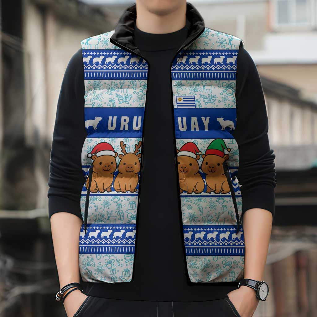 Uruguay Christmas Sleeveless Puffer Jacket with Capybaras Holiday Tree Sun Emblem and Blue Festive Pattern - Wonder Print Shop