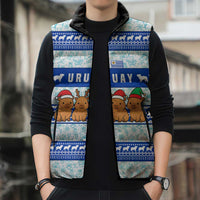 Uruguay Christmas Sleeveless Puffer Jacket with Capybaras Holiday Tree Sun Emblem and Blue Festive Pattern - Wonder Print Shop