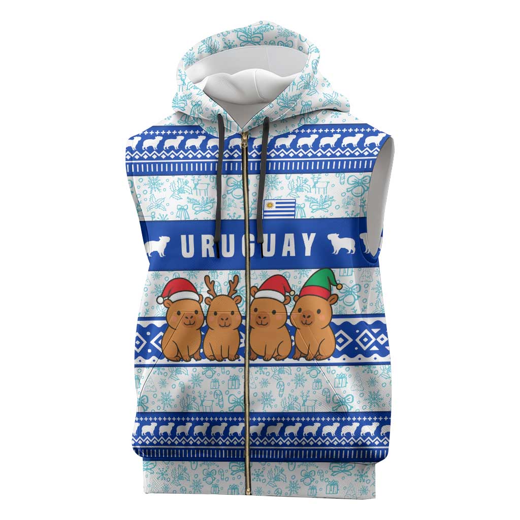 Uruguay Christmas Sleeveless Zip Hoodie with Capybaras Holiday Tree Sun Emblem and Blue Festive Pattern - Wonder Print Shop