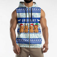 Uruguay Christmas Sleeveless Zip Hoodie with Capybaras Holiday Tree Sun Emblem and Blue Festive Pattern - Wonder Print Shop