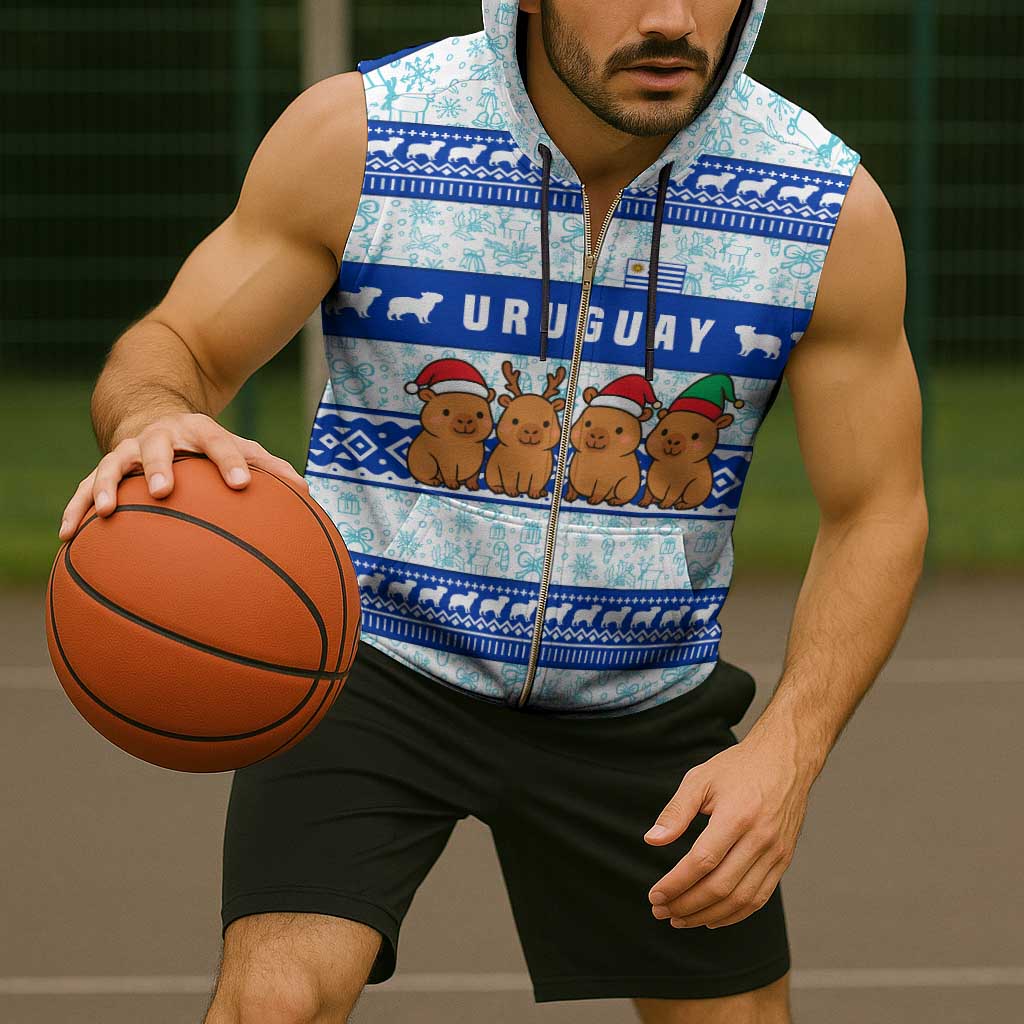 Uruguay Christmas Sleeveless Zip Hoodie with Capybaras Holiday Tree Sun Emblem and Blue Festive Pattern - Wonder Print Shop