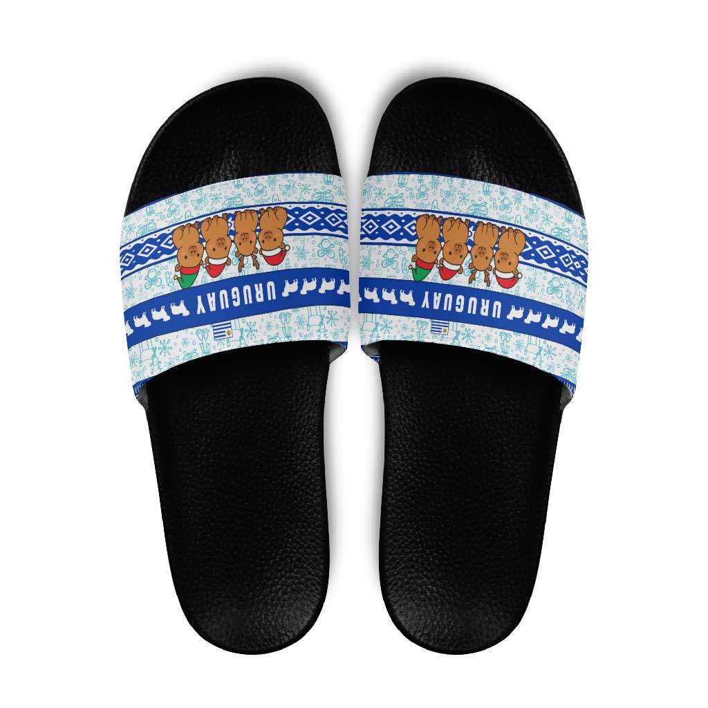 Uruguay Christmas Slide Sandals with Capybaras Holiday Tree Sun Emblem and Blue Festive Pattern - Wonder Print Shop