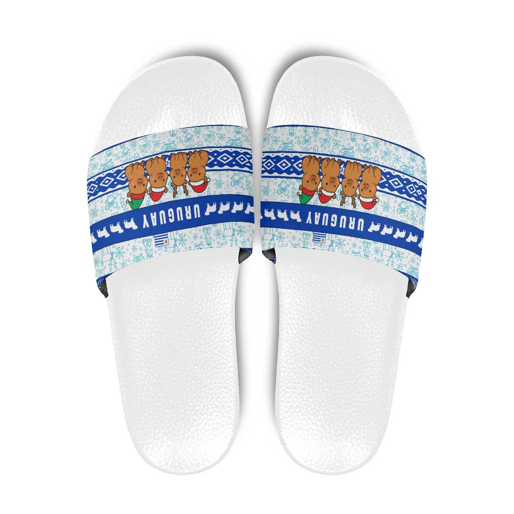 Uruguay Christmas Slide Sandals with Capybaras Holiday Tree Sun Emblem and Blue Festive Pattern - Wonder Print Shop