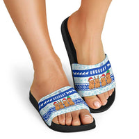 Uruguay Christmas Slide Sandals with Capybaras Holiday Tree Sun Emblem and Blue Festive Pattern - Wonder Print Shop