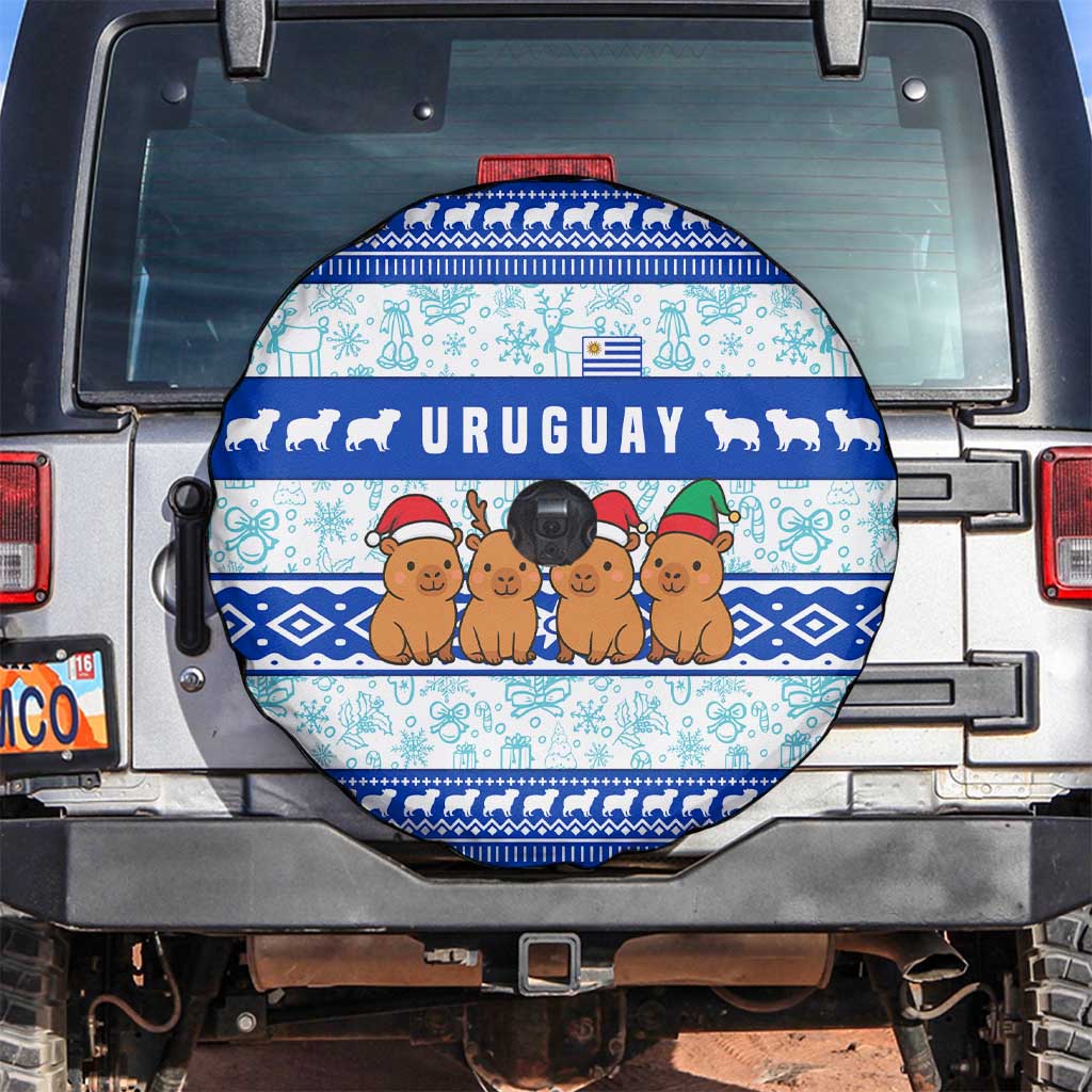 Uruguay Christmas Spare Tire Cover with Capybaras Holiday Tree Sun Emblem and Blue Festive Pattern - Wonder Print Shop