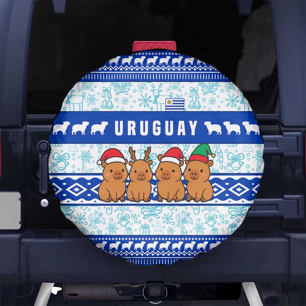 Uruguay Christmas Spare Tire Cover with Capybaras Holiday Tree Sun Emblem and Blue Festive Pattern - Wonder Print Shop