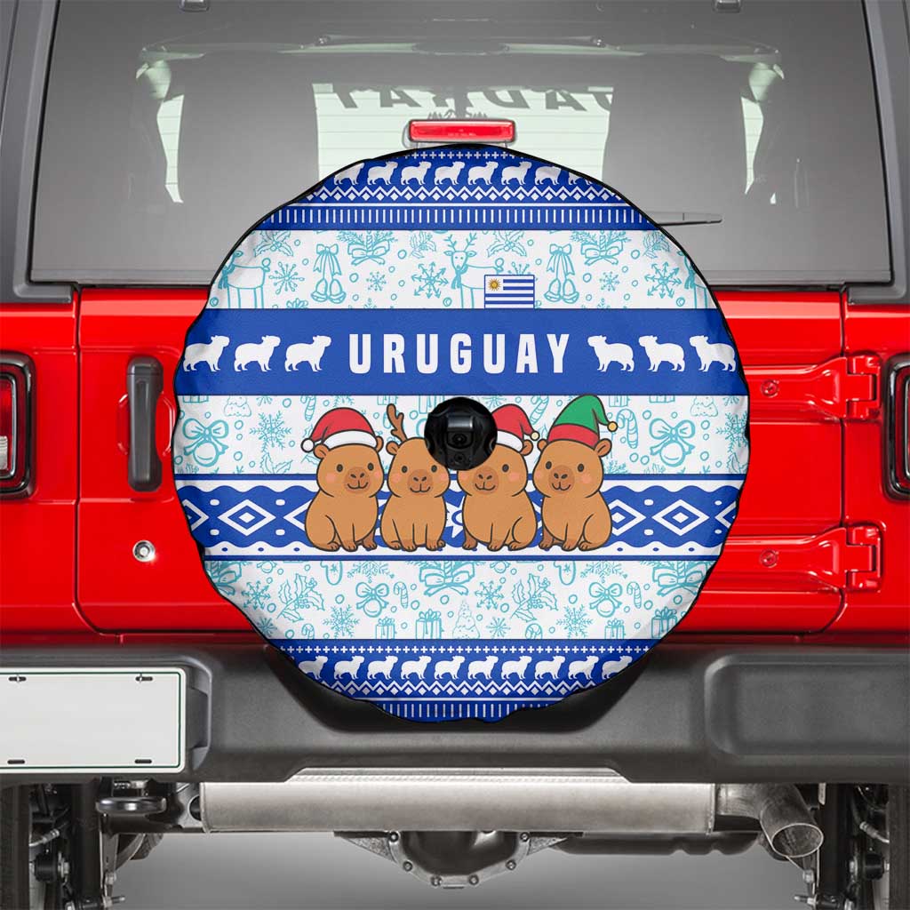 Uruguay Christmas Spare Tire Cover with Capybaras Holiday Tree Sun Emblem and Blue Festive Pattern - Wonder Print Shop