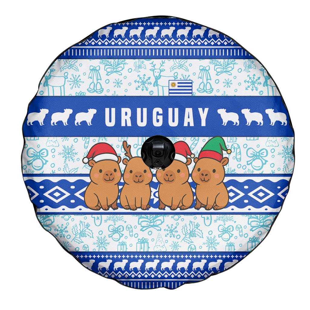 Uruguay Christmas Spare Tire Cover with Capybaras Holiday Tree Sun Emblem and Blue Festive Pattern - Wonder Print Shop