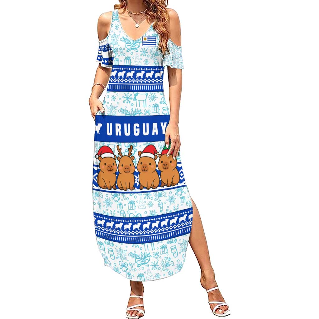 Uruguay Christmas Summer Maxi Dress with Capybaras Holiday Tree Sun Emblem and Blue Festive Pattern - Wonder Print Shop