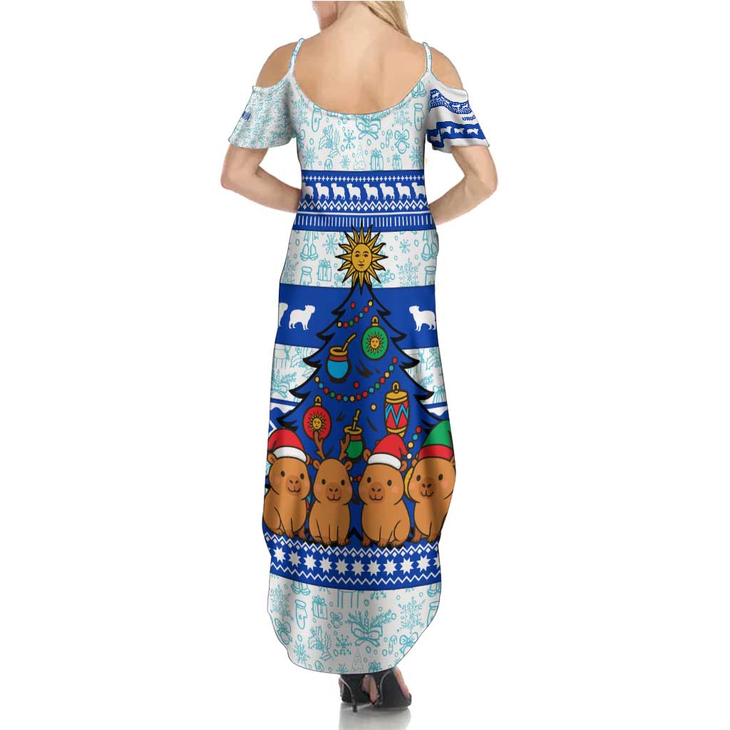 Uruguay Christmas Summer Maxi Dress with Capybaras Holiday Tree Sun Emblem and Blue Festive Pattern - Wonder Print Shop