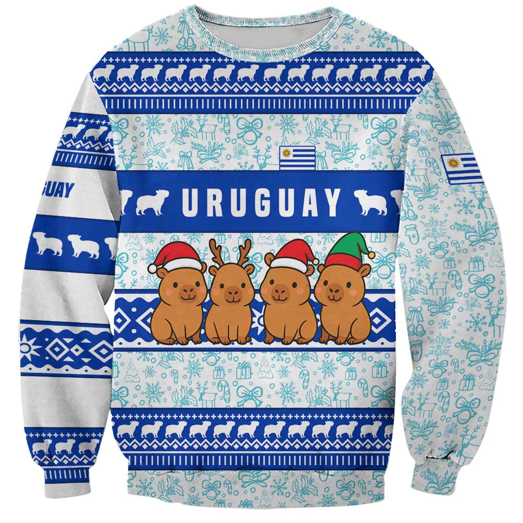 Uruguay Christmas Sweatshirt with Capybaras Holiday Tree Sun Emblem and Blue Festive Pattern - Wonder Print Shop