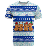 Uruguay Christmas T Shirt with Capybaras Holiday Tree Sun Emblem and Blue Festive Pattern - Wonder Print Shop
