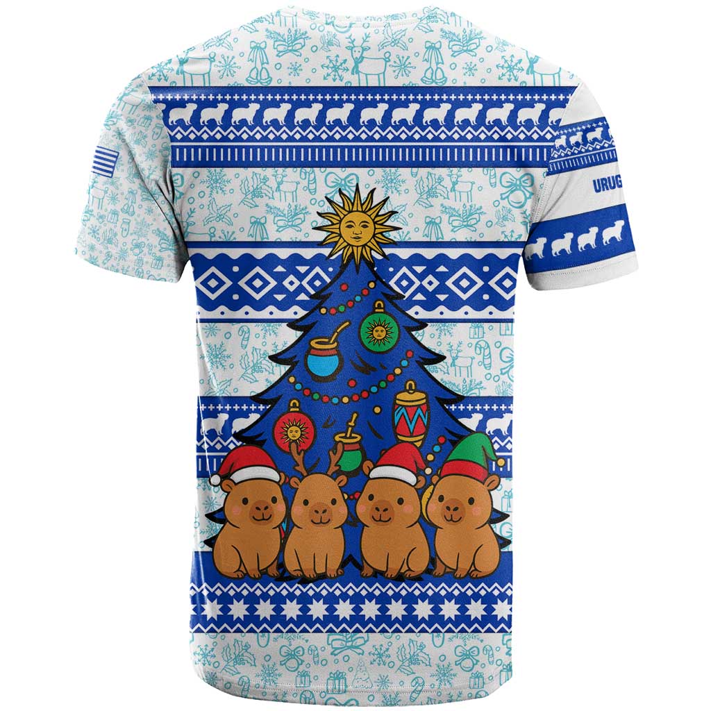 Uruguay Christmas T Shirt with Capybaras Holiday Tree Sun Emblem and Blue Festive Pattern - Wonder Print Shop