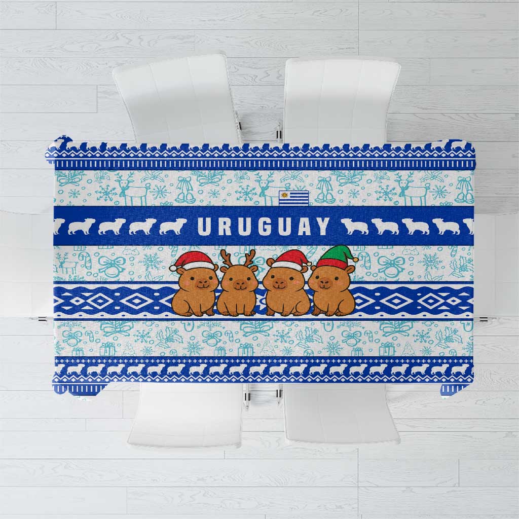 Uruguay Christmas Tablecloth with Capybaras Holiday Tree Sun Emblem and Blue Festive Pattern - Wonder Print Shop