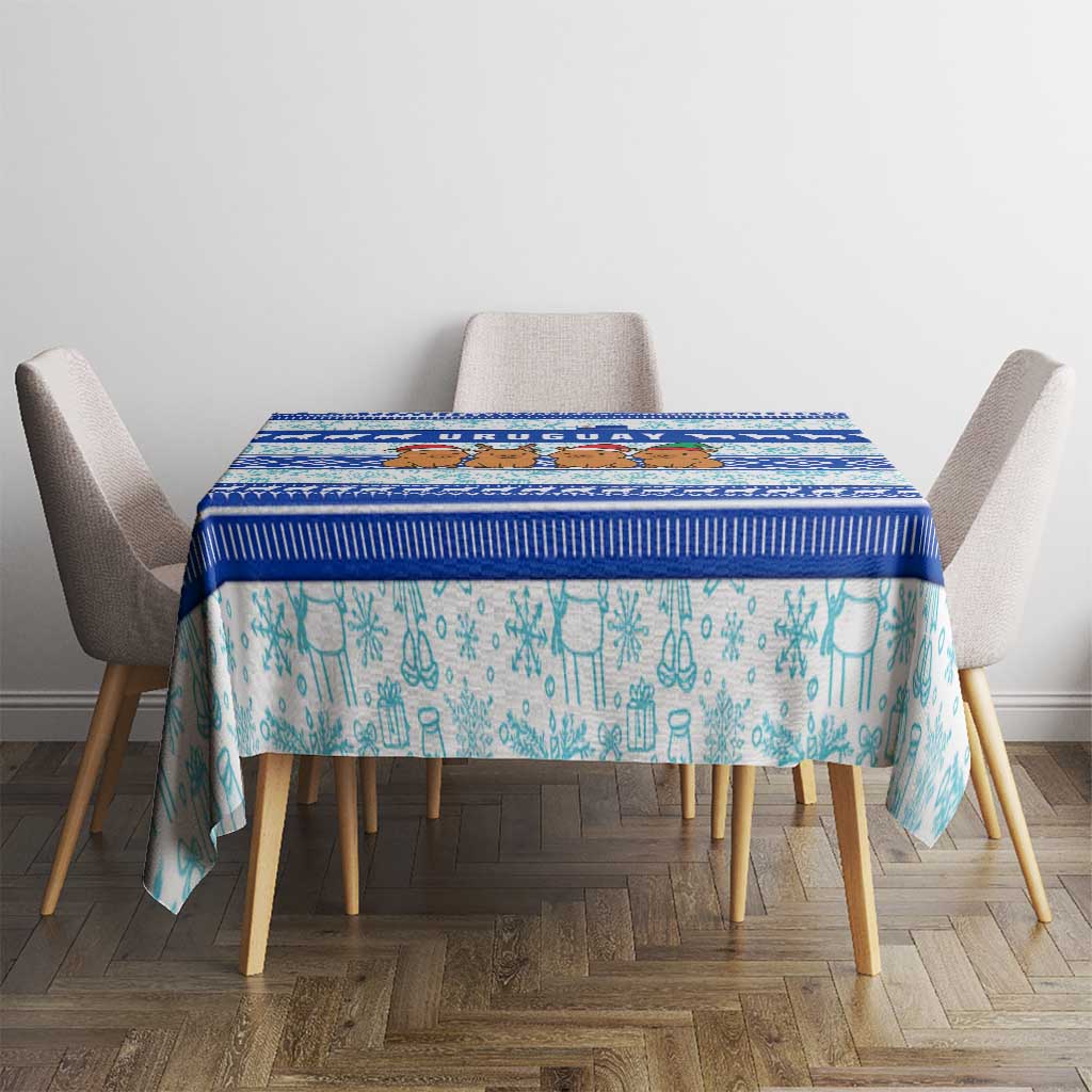 Uruguay Christmas Tablecloth with Capybaras Holiday Tree Sun Emblem and Blue Festive Pattern - Wonder Print Shop