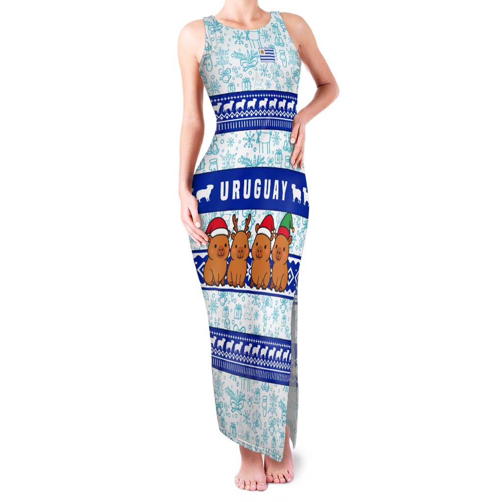 Uruguay Christmas Tank Maxi Dress with Capybaras Holiday Tree Sun Emblem and Blue Festive Pattern - Wonder Print Shop